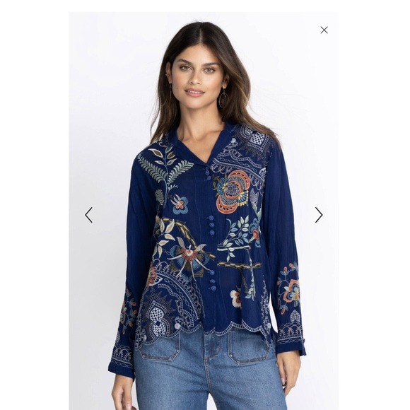 Johnny Was Tops - Johnny Was Prue Womens Blouse Size Large Blue Floral Boho Western MINOR FLAW